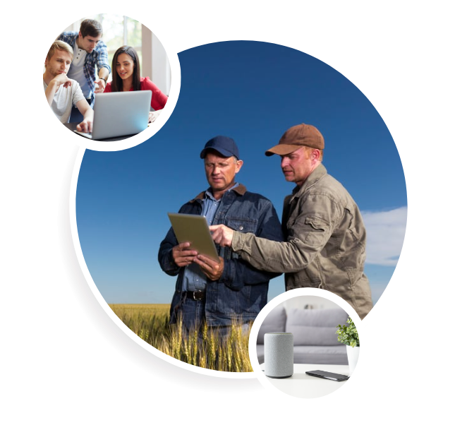 upper left photo of three people gathered around a laptop, middle large photo of two men looking at a tablet in a field, lower right small photo of internet router and phone on a coffee table in front of couch
