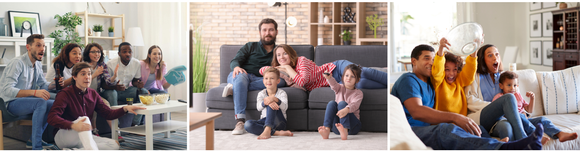 Families and friends sitting on couches watching SWStream
